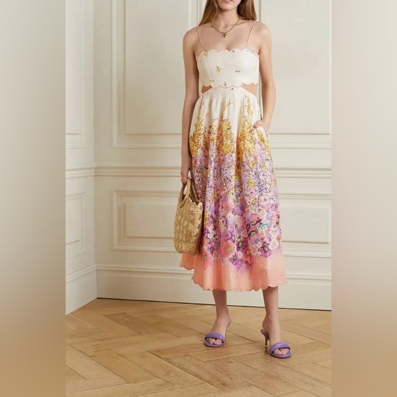 ZIMMERMANN JUDE SCALLOP MIDI DRESS IN PEACH GRADIENT FLORAL ZIMM SIZE 2 /AU 10 - Picture 10 of 14